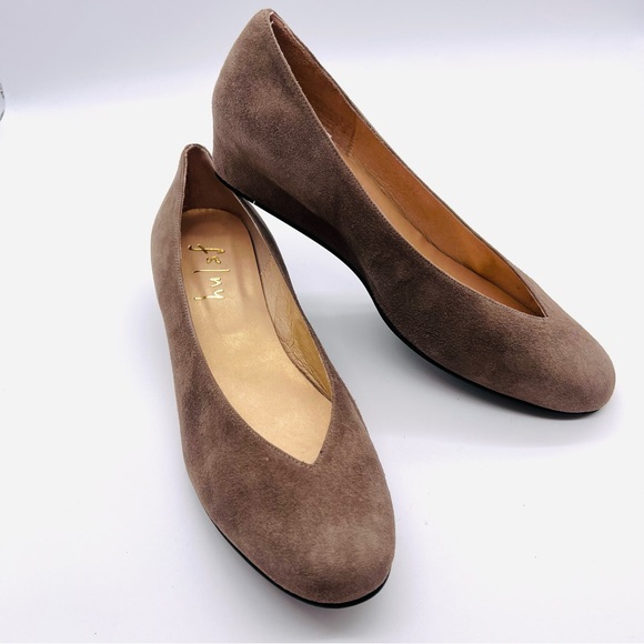 French Sole Shoes - FRENCH SOLE fs/ny Cubic Mushroom Taupe Suede Wedge Round Toe Shoes Slipo…